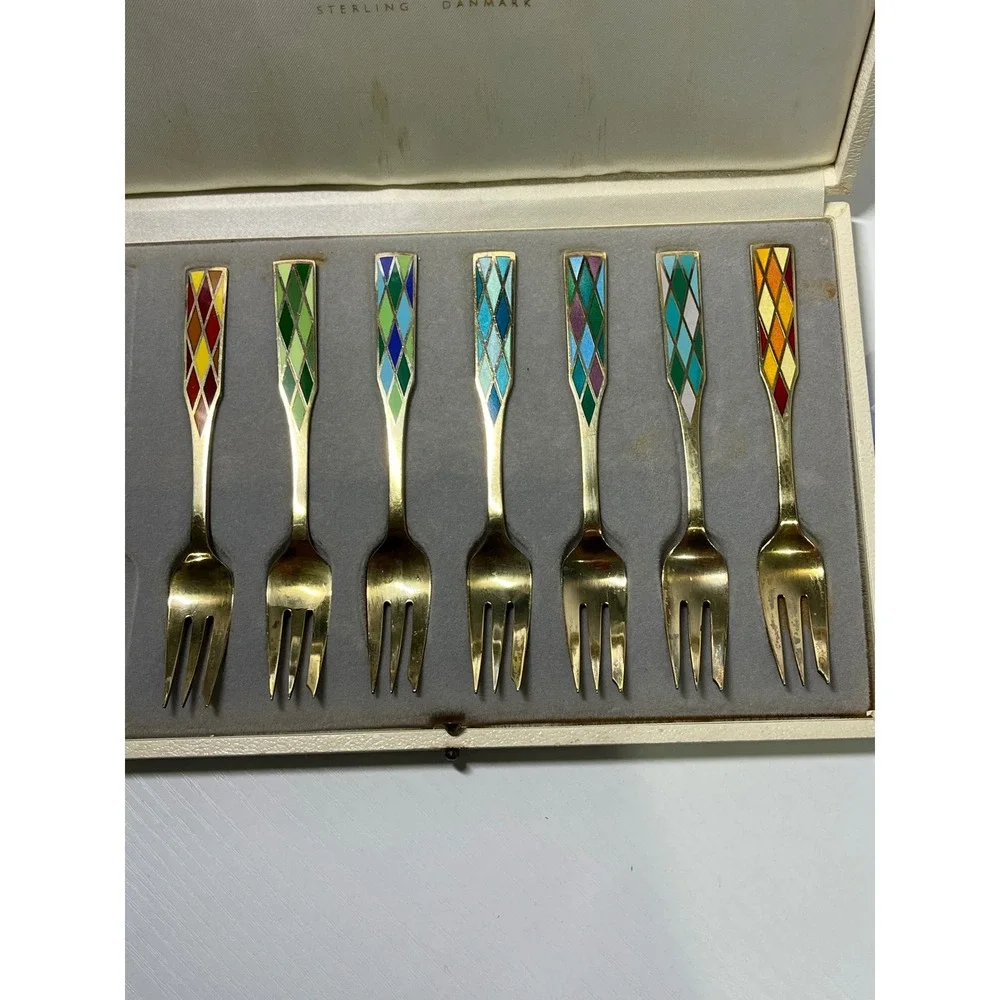 Vintage‎ Georg Jensen Sterling Silver Enamel Harlequin Dessert 7 Forks Denmark